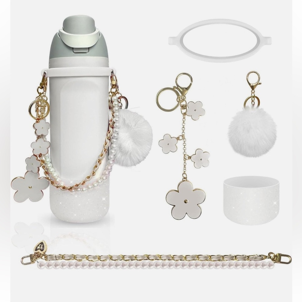 Tumbler accessories - White Floral Charm Strap and Pom Pom Keychain Set - NEW